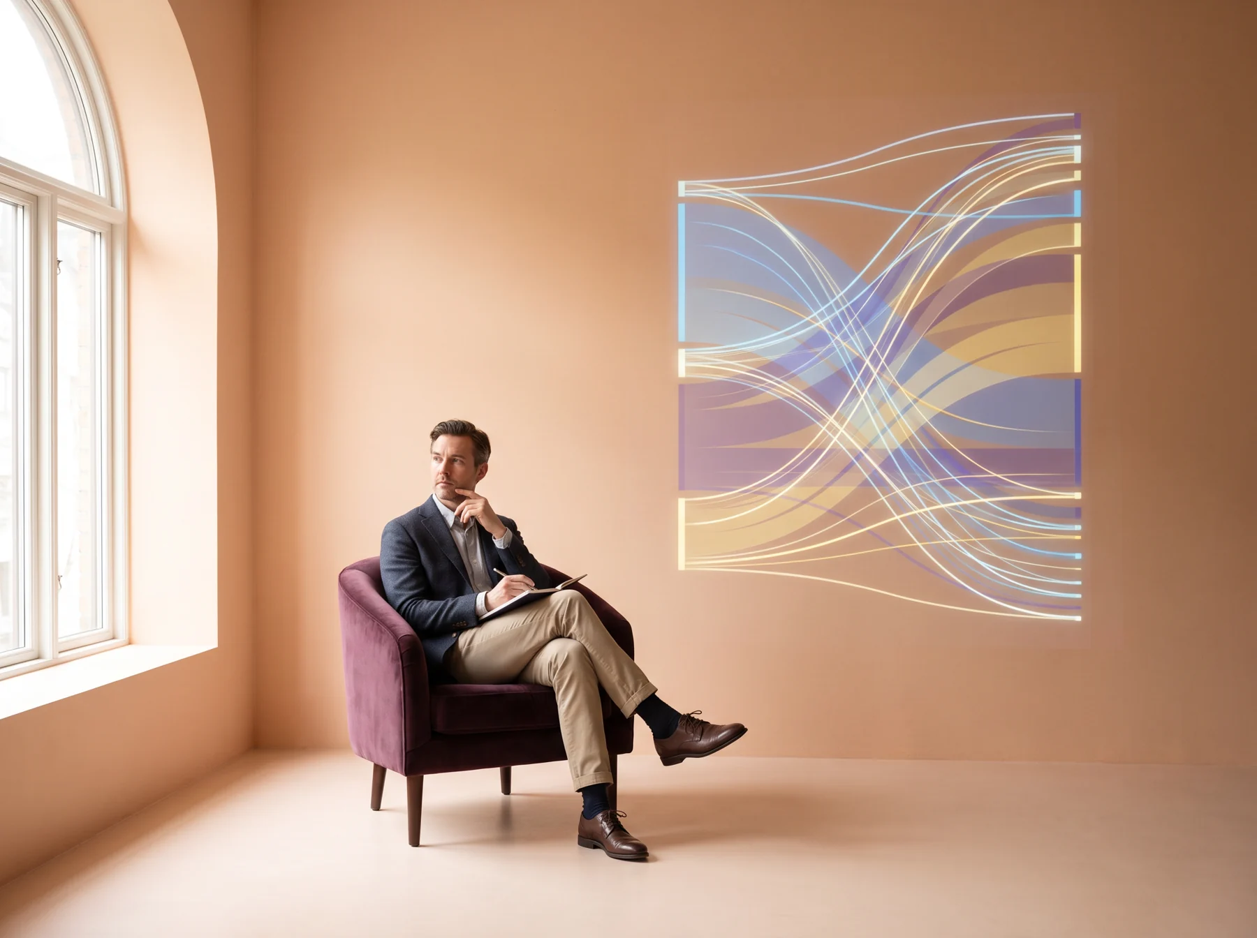Analyst making notes beside abstract charts