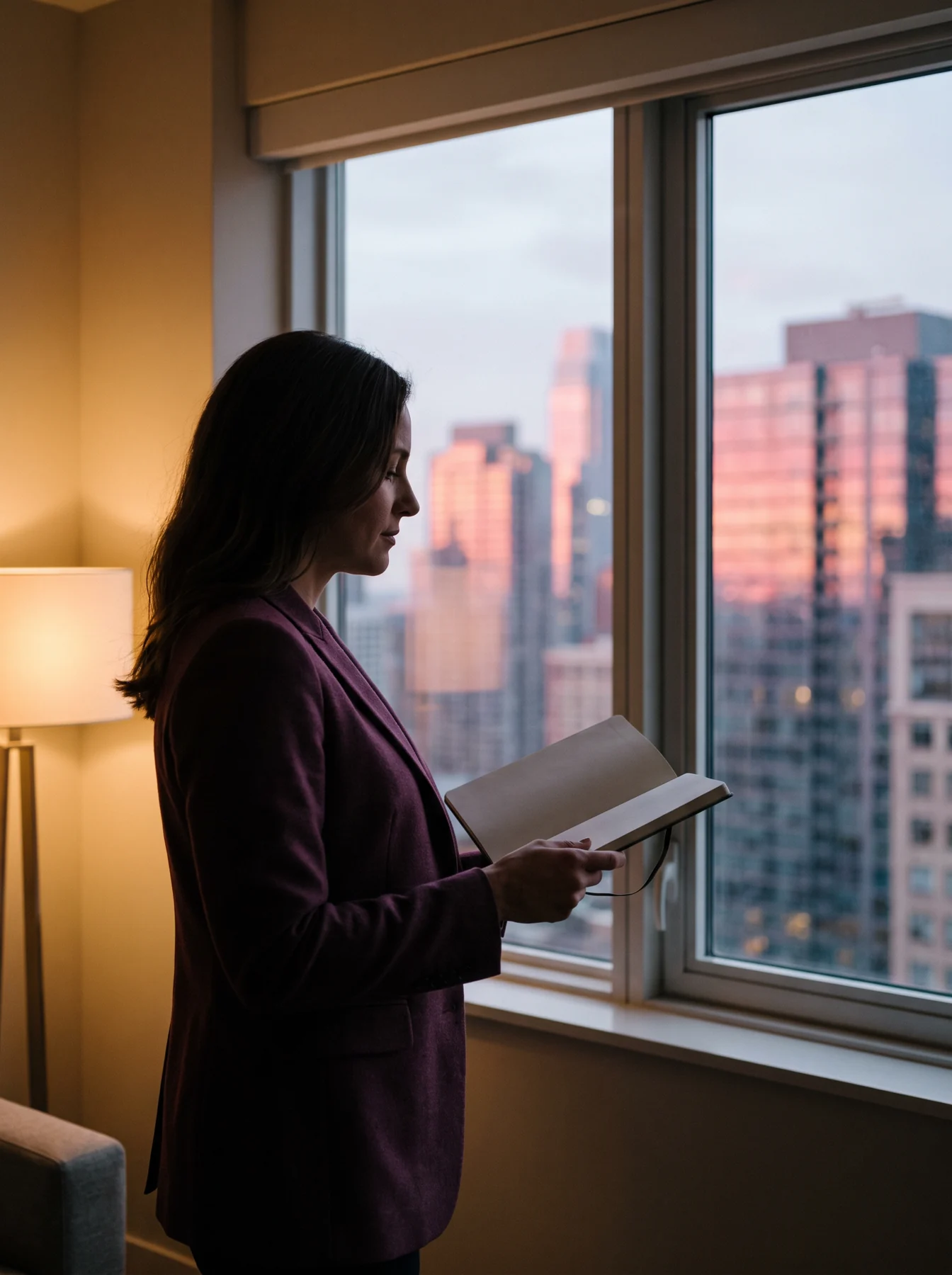 Analyst near a window at dusk